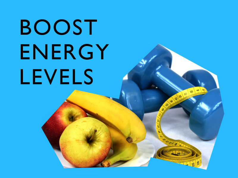 fruite, dumbells, and tape measure to illustrate how to boost energy levels