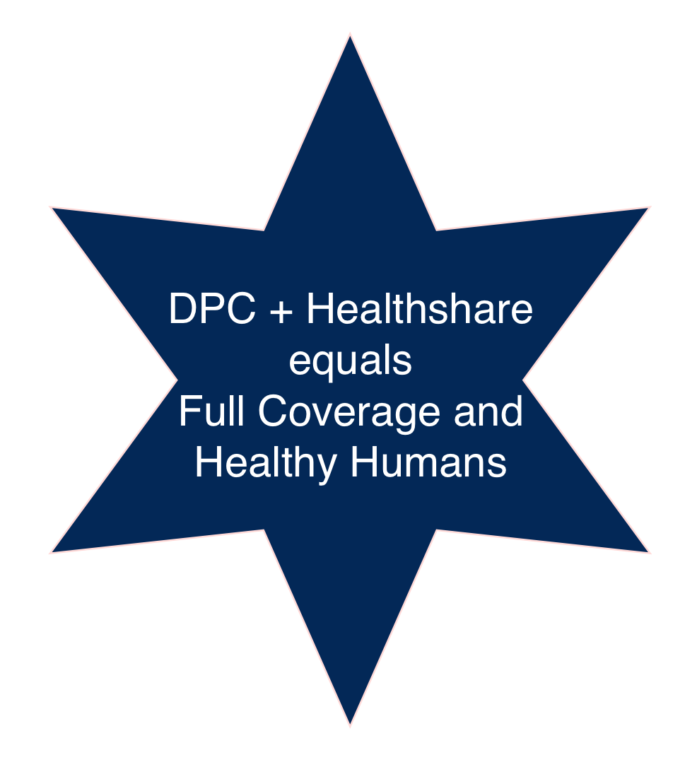 Text indicating DPC and Sedera healthshare gives full coverage and healthy humans